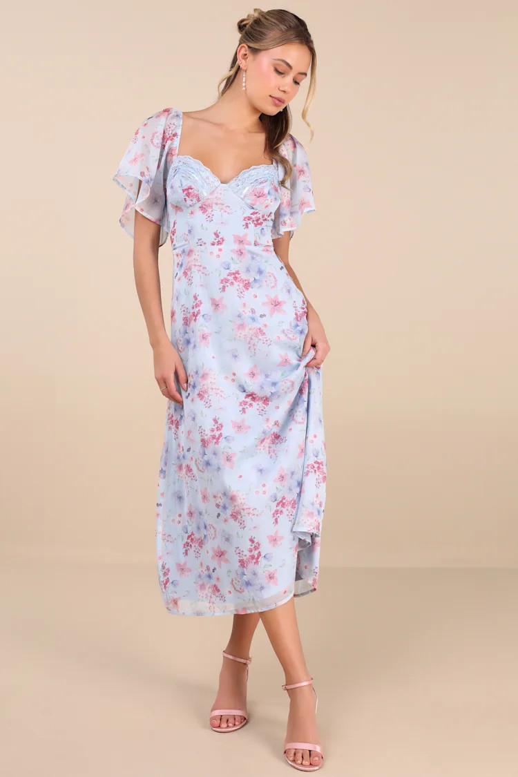 Valla Light Blue Floral Flutter Sleeve Midi Dress | Lulus