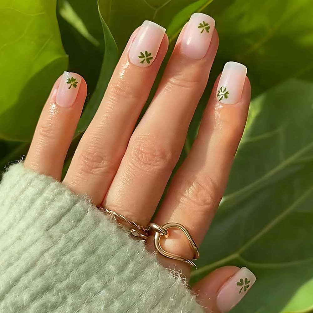 St. Patrick'S Press On Nails Short Square Fake Nails With Green Shamrock Design Nude False Nails ... | Amazon (US)