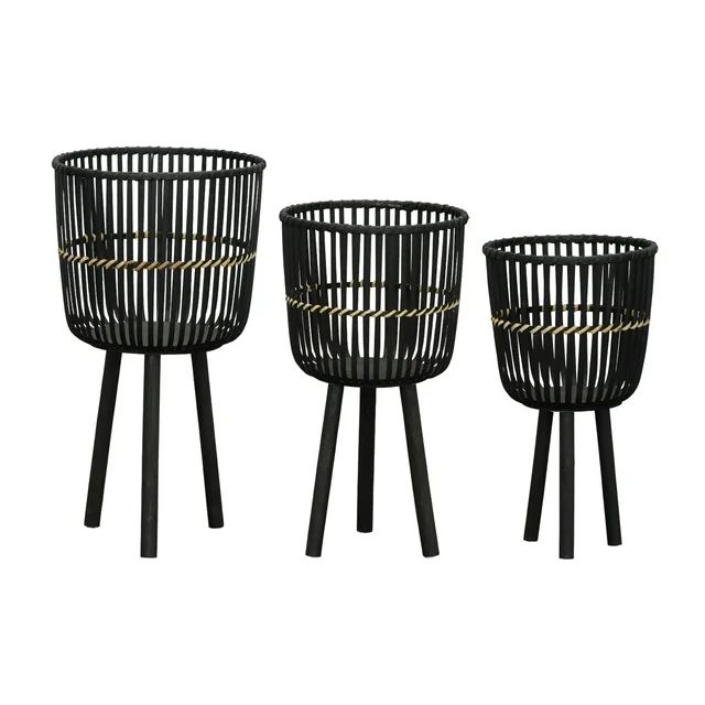 Sagebrook Home Set Of 3 Bamboo Footed Planters 11/13/15", Black, Round, Bamboo Wood, Contemporary... | Walmart (US)
