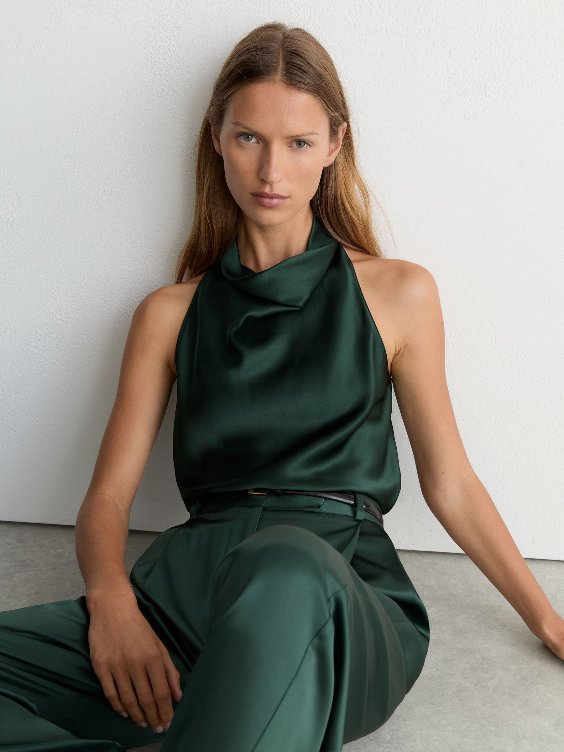 Reiss Silk Cowl-Neck Sleeveless Top in Teal Green - REISS | Reiss UK