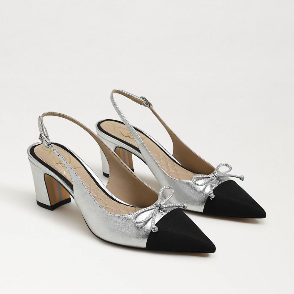 Sam Edelman Willette Slingback Block Heel Silver/Black Leather 11.0 | Sam Edelman CA