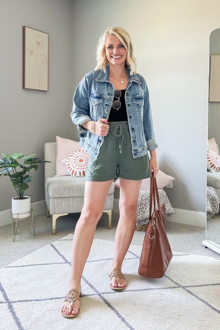 Green pull on shorts with a bodysuit and denim jacket  

#LTKsalealert #LTKSeasonal #LTKstyletip