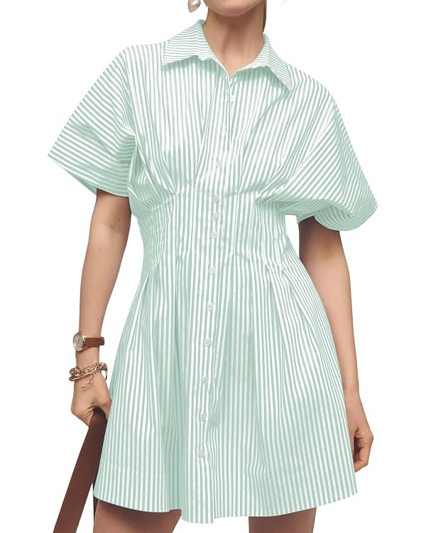 Women Summer Short Sleeve Button Front Pleated Shirt Dress Striped Collar V Neck Casual Y2k Swing... | Amazon (US)