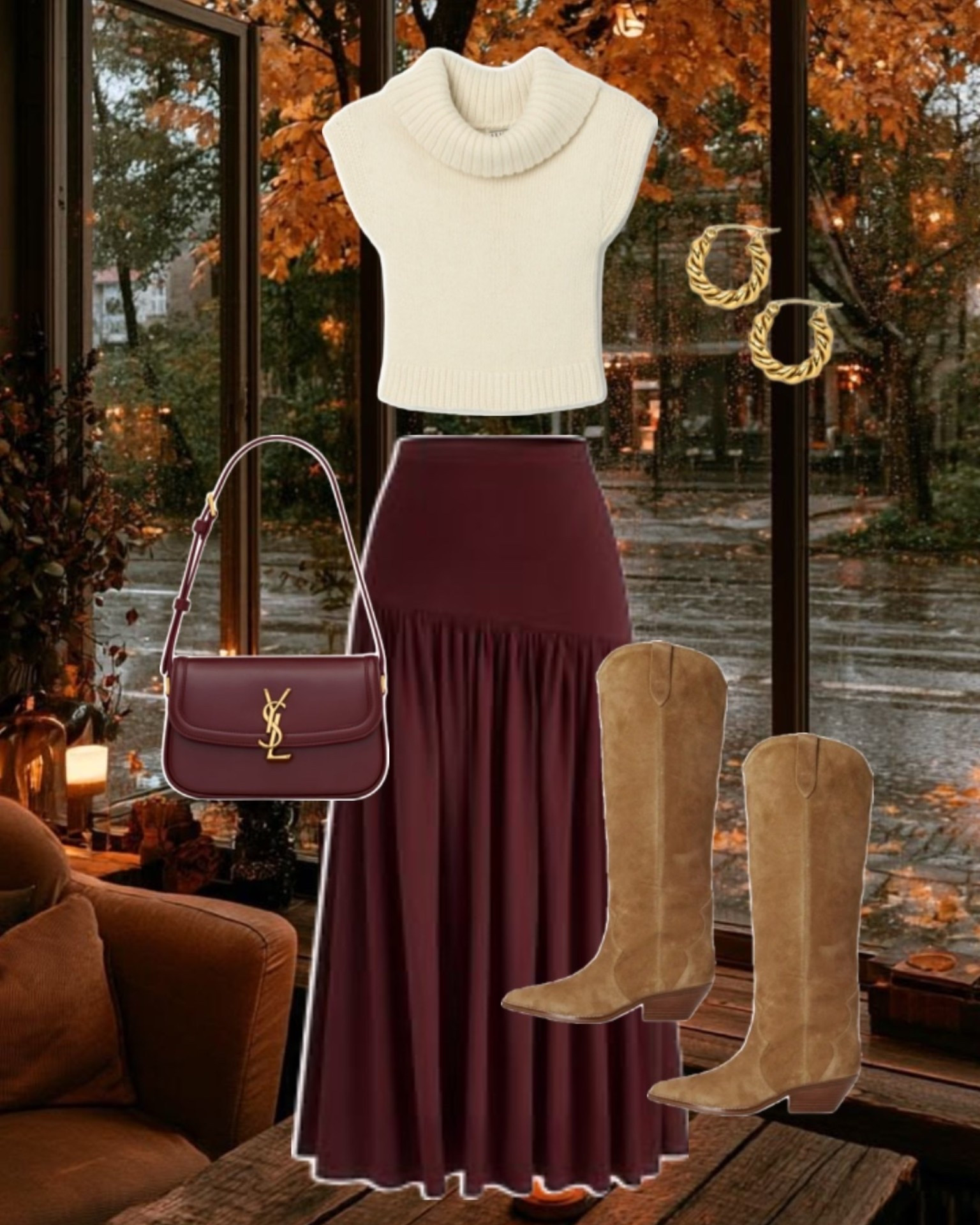 Fall outfit, burgundy midi skirt, knee high boots, fall style, aspen outfit, vail outfit, western chic