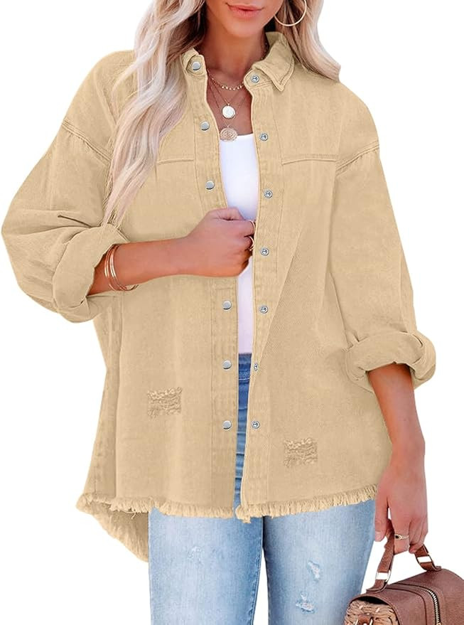 LookbookStore Womens Denim Jacket Oversized Button Down Shirts Jean Shacket Distressed Frayed Coa... | Amazon (US)