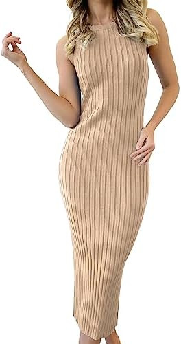 Women's 2023 Summer Knitted Sweater Dress Sleeveless Mock Neck Ribbed Side Slit Bodycon Tank Midi Dr | Amazon (US)