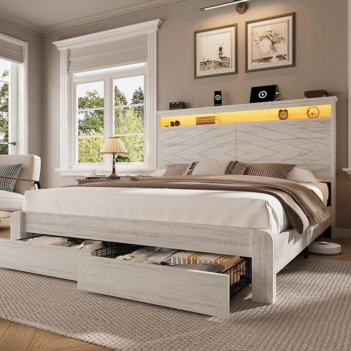 LARMACE King Size Bed Frame with 2 Storage Drawers and Headboard Wooden Platform Bed Frame with L... | Amazon (US)