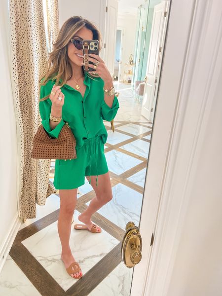 My green set is linked on my Instagram reels & saved to Amazon highlight tab in full try on haul. I am wearing size small!

Sandals are a Gucci doup & are $70! Run true to size.

Spring fashion, Simon Miller, Steve Madden, brown bag, miu miu sunglasses, matching set, Emily Ann Gemma, Amazon finds, spring break fashion, spring 2024 outfits, van cleef necklace gold magic Alhambra, bottega inspired bag, 

#LTKfindsunder50 #LTKSeasonal #LTKstyletip