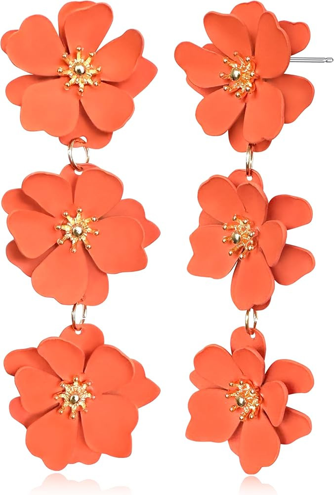 Elegant Bohemian Matte Tiered Triple Flower Dangle Drop Earrings Chic Charm Cute Long Floral Stud... | Amazon (US)
