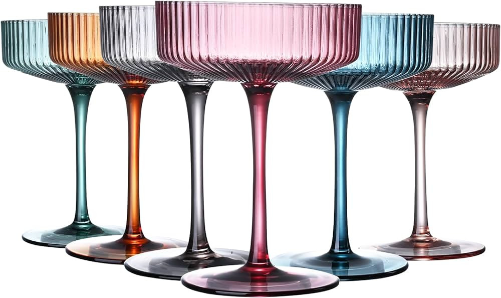 Art Deco Colored Vintage Coupe Glasses, Ribbed Crystal Handmade Martini, Cocktail & Champagne Gla... | Amazon (US)