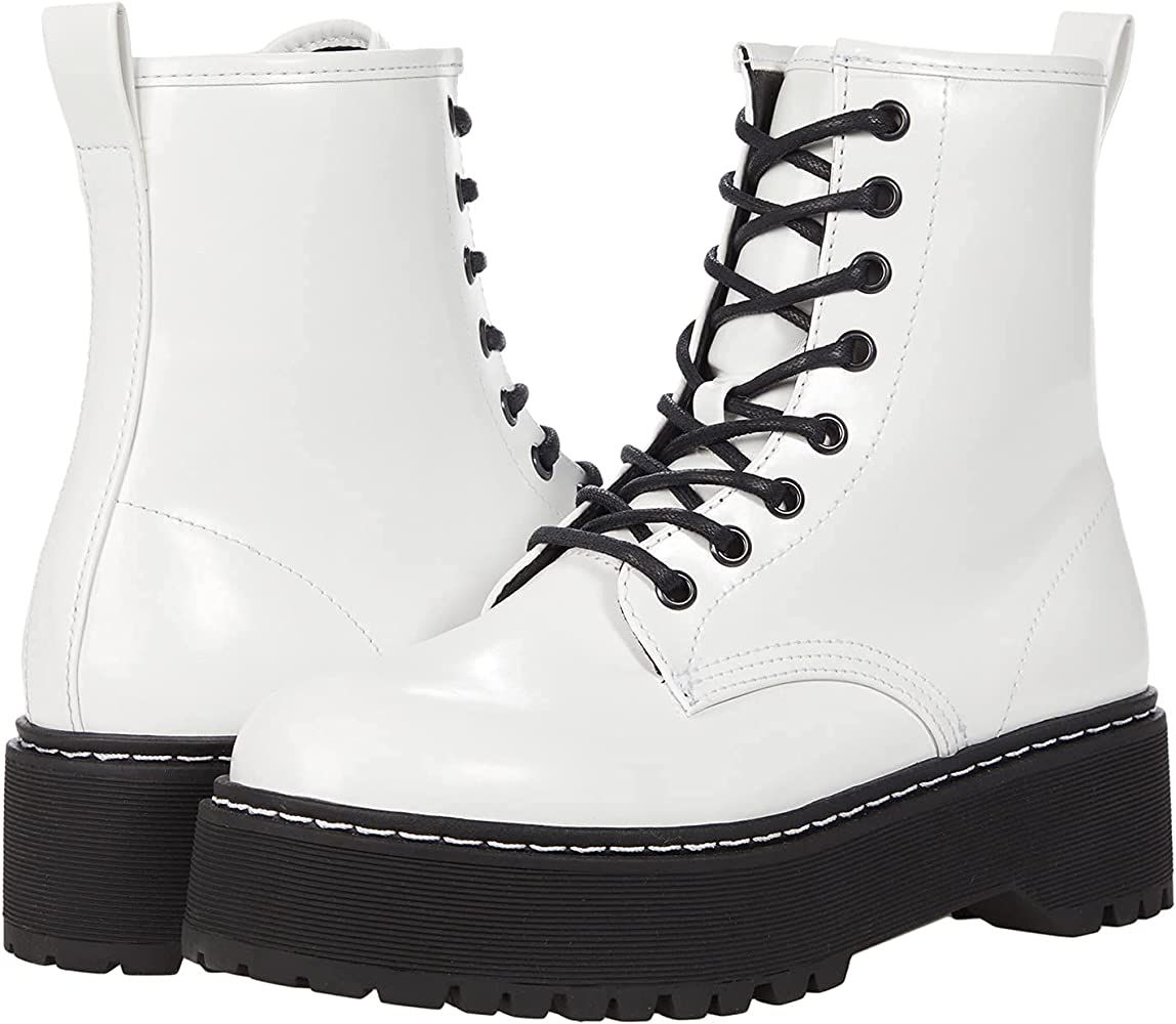 Amazon.com | Steve Madden Women's Bettyy1 Combat Boot, White/Black, 9 | Mid-Calf | Amazon (US)