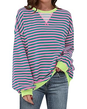ANRABESS Women Striped Oversized Sweatshirt Long Sleeve Crewneck Hoodies Shirts 2024 Fall Pullove... | Amazon (US)