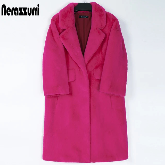 Nerazzurri Winter Long Hot Pink Faux Fur Coat Women Lapel Warm Thick Black Soft Fluffy Jacket Loo... | AliExpress (US)