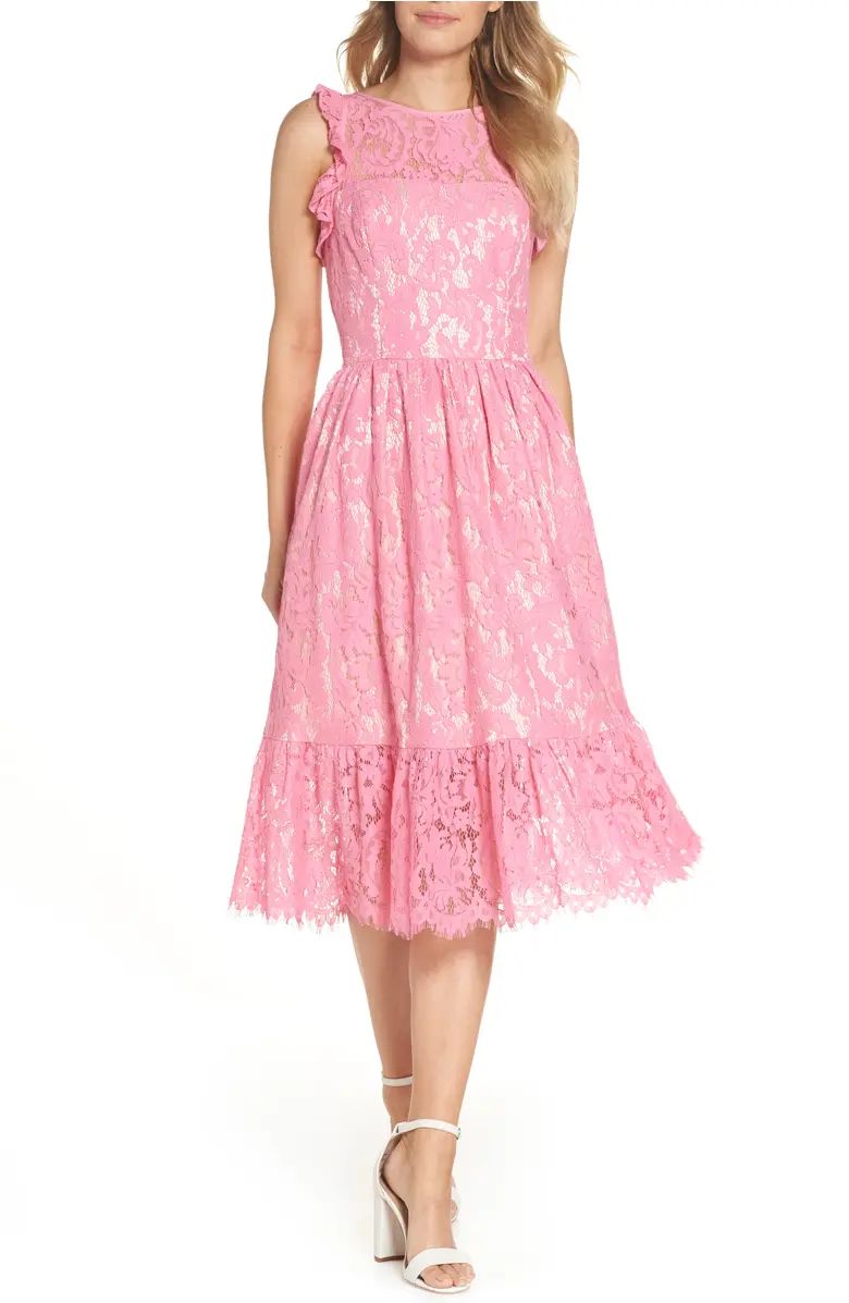 Eliza J Ruffle Lace Midi Dress | Nordstrom