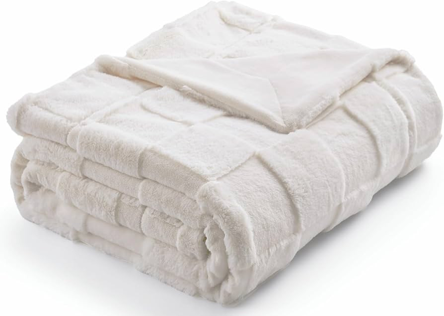Cozy Bliss Checkered White Faux Rabbit Fur Throw Blanket, Lightweight Fleece Soft Fuzzy Fluffy Mi... | Amazon (US)