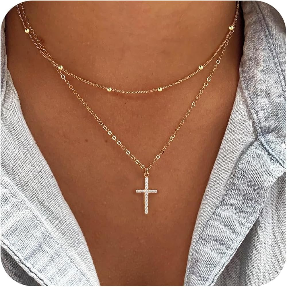 Cross Necklace for Women, Dainty14K Real Gold Silver Plated Cross Choker Pendant Jewelry Non Tarn... | Amazon (US)
