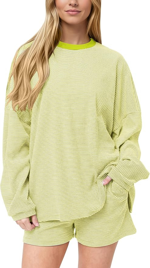 MISSACTIVER Women's Striped Lounge Set Long Sleeve Tee Shirts Drawstring Wide Leg Shorts Matching... | Amazon (US)