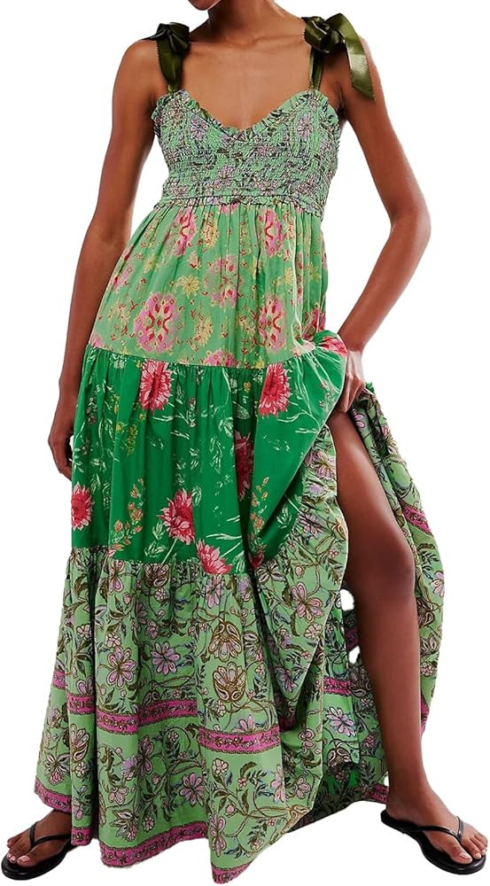 Women Floral Boho Sundress Tie Shoulder Smocked Patchwork Flowy Maxi Dresses with Pockets Summer ... | Amazon (US)