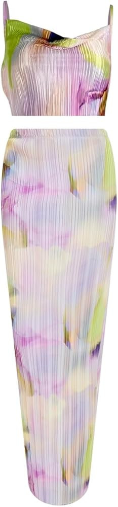 Women's Summer 2 Piece Beach Outfit Casual Sleeveless Pleated Cropped Tank Top High Waisted Maxi ... | Amazon (US)