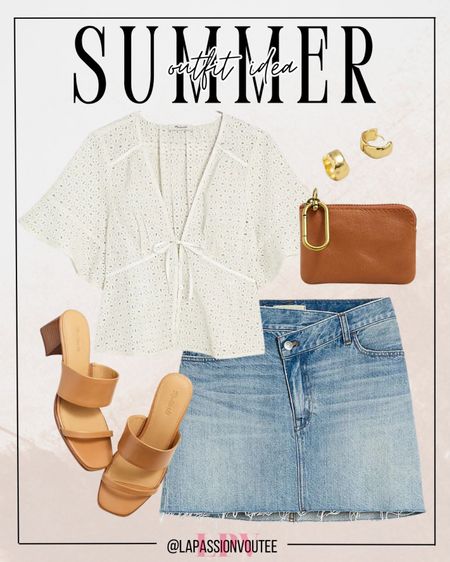 Effortlessly chic summer ensemble: Pair a crossover waist mini denim skirt with a flirty tie-front top in eyelet for a playful yet stylish look. Elevate with classic hoop earrings and a sleek mini pouch. Finish with heeled sandals for a touch of sophistication. Ready for any summer adventure!

#LTKSeasonal #LTKstyletip