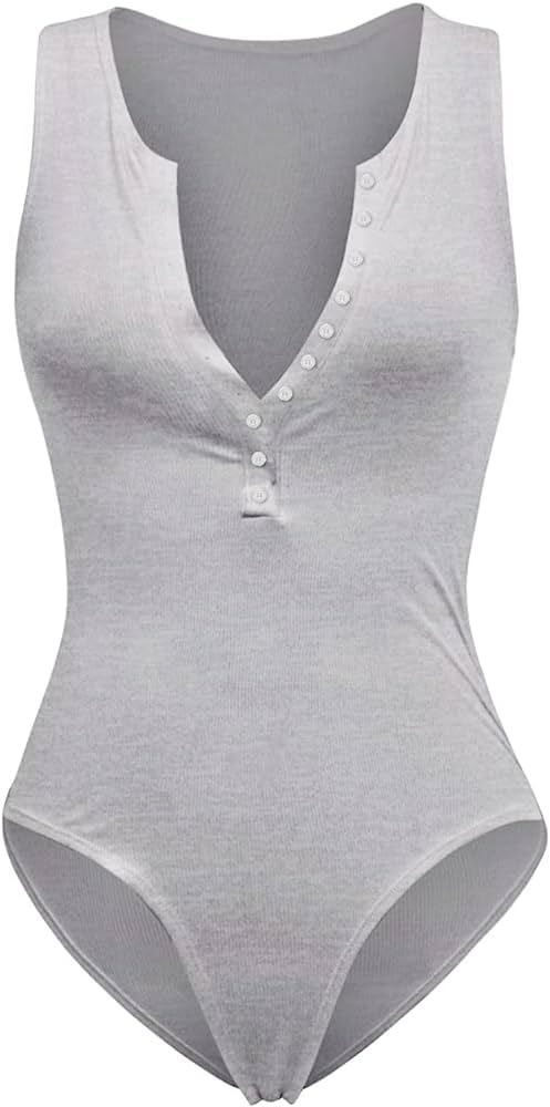 AviviRuth Women's Sexy Scoop Neck Sleeveless Button Down Bodycon Clubwear Bodysuits Jumpsuit | Amazon (US)