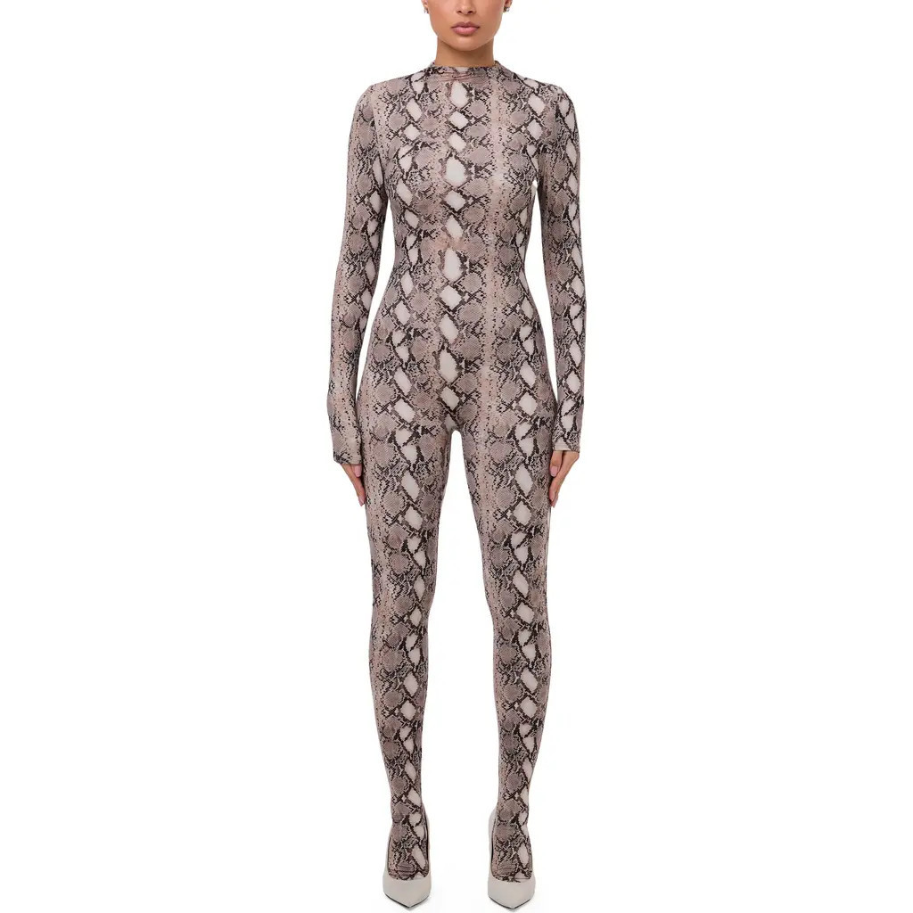 Naked Wardrobe Animal Print Closed Toe Jumpsuit in Nude Snakeskin at Nordstrom, Size Large | Nordstrom