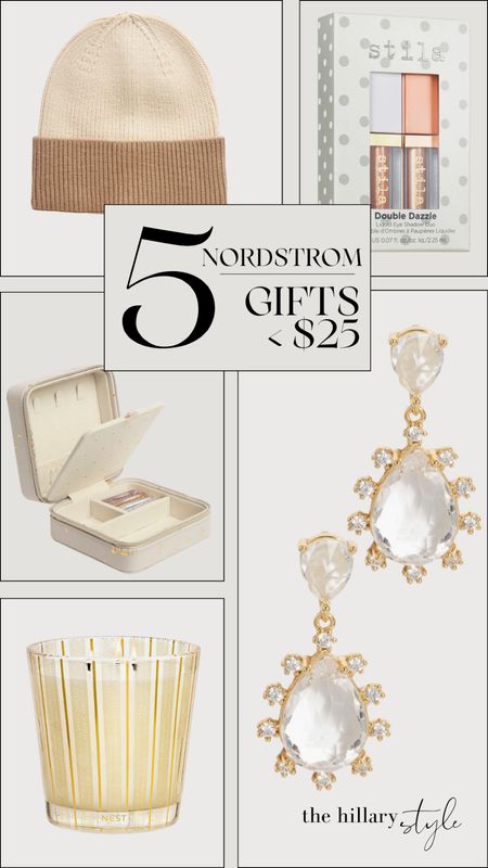 Nordstrom Gifts Under $25: Gifts for her, gifts for mom, gifts for sister, gifts for friends, gifts for grandma, luxe gifts, self care gifts, gift ideas. Crystal earrings, jewelry box, beanie, lip gloss set, candle. Nest, Stila, BP.

#LTKHoliday #LTKGiftGuide #LTKfindsunder50