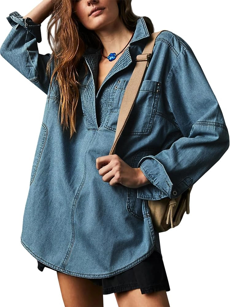Fazortev Women's Denim Pullover Casual Button V Neck Blouse Loose Fit Long Sleeve Jean Jacket Wit... | Amazon (US)
