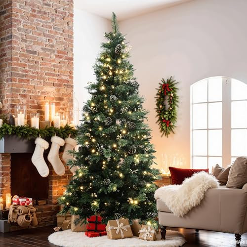 LuxenHome 7.5FT Prelit Christmas Tree with Lights, Slim Artificial Christmas Tree with 350 LED Lights and Pine Cone, 1247 PE+PVC Branch Tips, Plug-in Prelit Pine Tree Indoor, Outdoor Holiday Décor | Amazon (US)