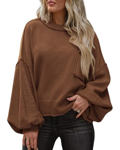BTFBM Women's Oversized Lantern Long Sleeve Sweaters Casual Crewneck 2024 Fall Winter Outfits Rib... | Amazon (US)
