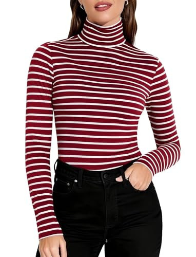 Zengjo Striped Turtleneck Women Long Sleeve Shirt Fitted High Neck Tops Stretchy Lightweight(Burgundy/White,L) | Amazon (US)