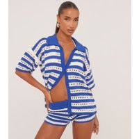 Short Sleeve Shirt In Blue And White Stripe Crochet Knit, Women's Size UK Large L | EGO (UK)