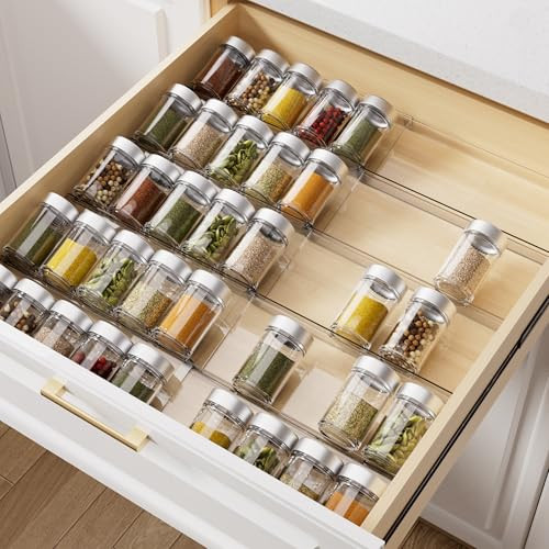 MIUKAA Acrylic Spice Drawer Organizer, 5 Tier - 10 Pack Seasoning Organizer for Drawer, Expandable From 13" to 26" Kitchen Drawer Spice Rack (Jars not Included) | Amazon (US)