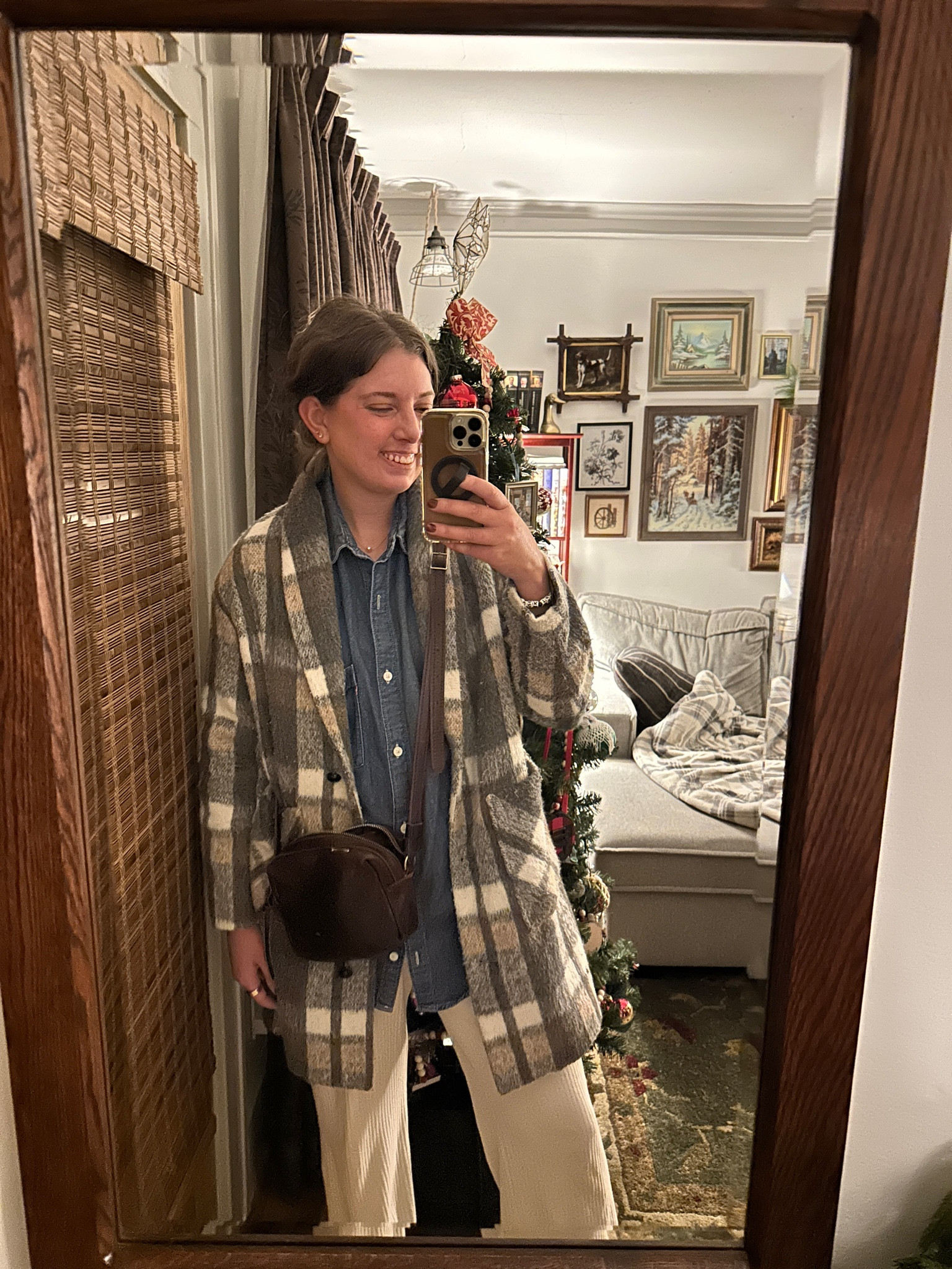 Comfy Friendsgiving outfit 🤎🦃

Denim shirt: sized up to L for oversized fit (from Levi’s)
Hair clips: the only ones that work in my long, thick hair
Jacket: mine is years old, but found similar in the same brand — TTS, I have a medium
Pants: linked similar all from Old Navy/Gap like mine — TTS I wear a medium tall (I’m 5’10”)
Purse: Small