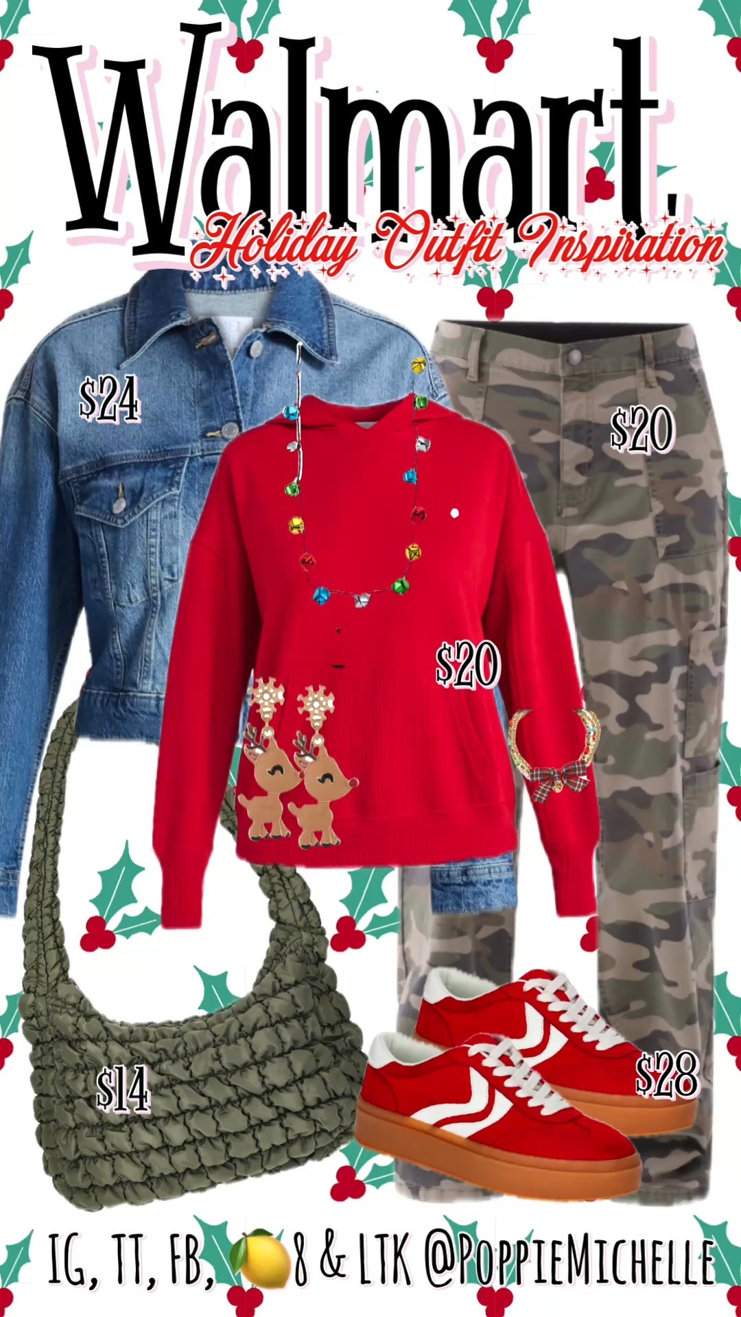 Walmart Christmas Outfit Inspiration 
Y’all! I love it when I can shop my closet and build some fun holiday looks. 

Don’t get me wrong- I love the fun trendy pieces…… but those classic wardrobe builders are classics for a reason. They are timeless and you can build so much off of them. 
I wear a medium in both the hoodie and the cargo pants. i like a little room in both. I size up to a large in my denim jacket. I like the extra room in My shoulders. 

I'm 5'8 | 148 lbs | Typically a Medium 4/6 (27) | Tall (36)

Walmart fashion, Walmart outfit, Walmart style, Walmart, viral, cargo pants, camouflage, cargo pants, leopard, print, cargo pants, red hoodie, Christmas, red hoodie, long sleeve, red shirt with hood, long sleeve, red sweatshirt, blue, jean jacket, denim, jacket, distressed, denim, jacket, acid, washed, blue, jean, jacket, red sneakers, red, tennis shoes, teacher, outfit, Christmas outfit, casual Christmas shopping outfit Christmas, jewelry 

PoppieMichelle 

#LTKHoliday #LTKootd #LTKSeasonal