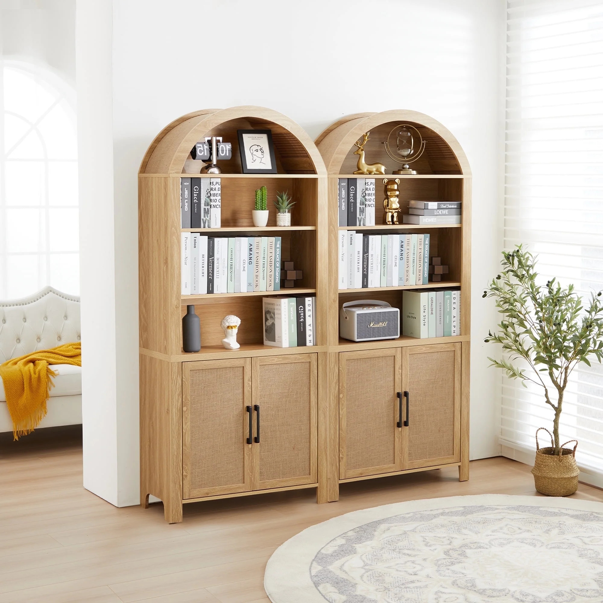 MIYZEAL 2PCS 71" Wide Oak Arch Bookcase - 6-Tier Open Display Shelf with Rattan Storage Cabinet &... | Walmart (US)