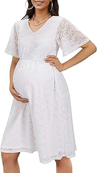 OUGES Womens 2023 Floral Lace Short Sleeve V Neck Maternity Dress for Photoshoot Baby Shower Preg... | Amazon (US)