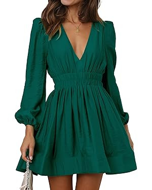 Mini Dress Deep V Sexy Dress Long Sleeve Dress for Women A-line High Waisted Casual Flowy Dress | Amazon (US)