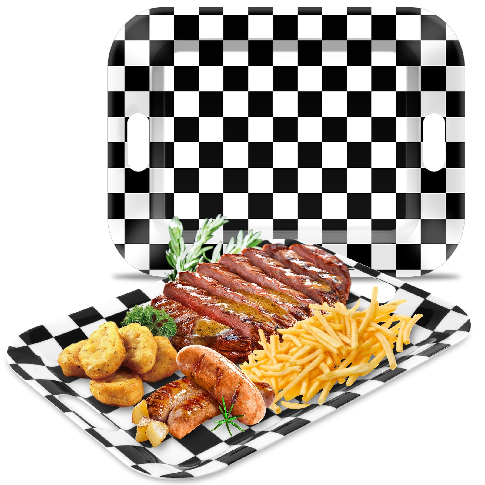 gisgfim 2Pcs Black Checkered Serving Trays with Handles 16 x 11 Inch Large Melamine Tray Rectangular Racing Serving Platter Black White Gingham Tray Melamine Dishes for Serving Food Dinner Dessert Set | Amazon (US)