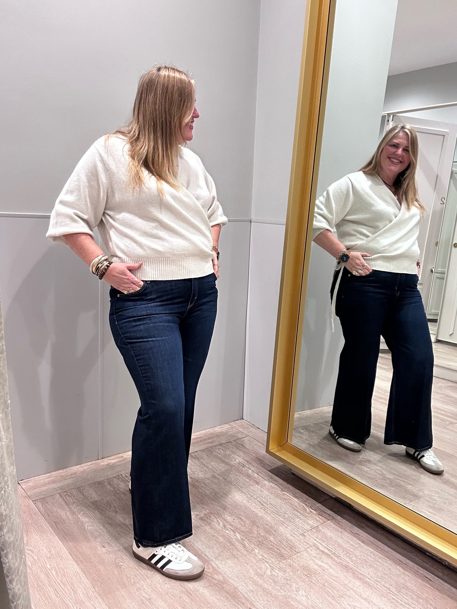 Flares, wrap cardigan, trainers 

#LTKplussize #LTKstyletip #LTKcurves