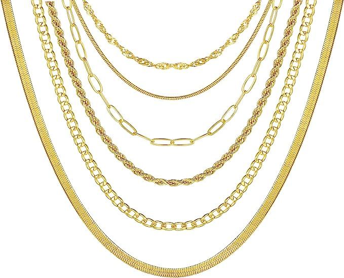 FAXHION Gold Layered Chain Necklace Set for Women, 7PCS 14K Gold Plated Snake Choker Necklaces，... | Amazon (US)
