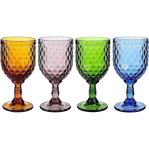 WHOLE HOUSEWARES Vintage Style Colored Glass Water Goblet Set of 4 Multi Colors Drinking Glasses ... | Amazon (US)