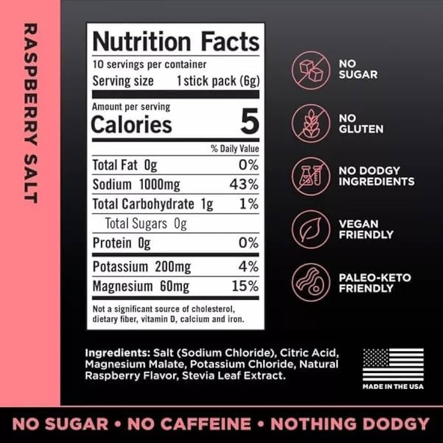 LMNTs Zero-Sugar Electrolytes Sports Drink - Raspberry Salt - 2.1oz/10ct | Amazon (US)