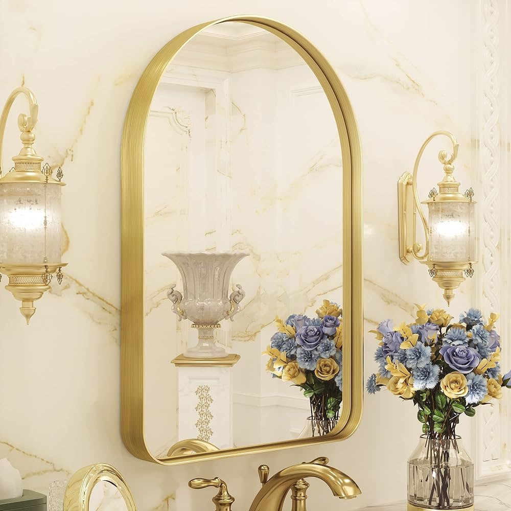 TETOTE Gold Arched Mirror for Vanity, 26x38 Wall Mounted Bathroom Mirror, Brushed Brass Metal Fra... | Amazon (US)