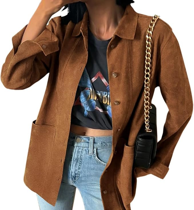 Tankaneo Womens Faux Suede Jackets Button Down Long Sleeve Shackets Coat Trendy 2025 Spring Cloth... | Amazon (US)