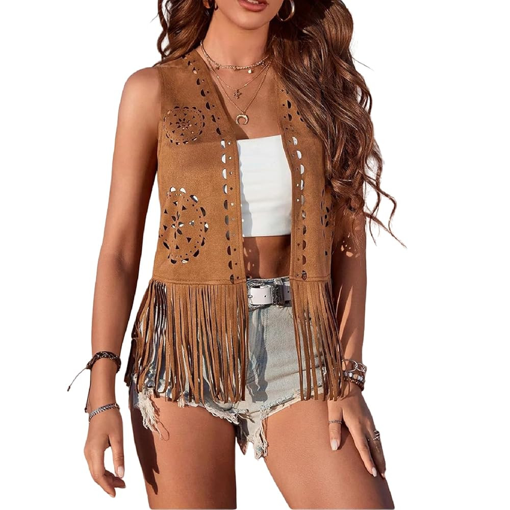 Women Boho Western Tassel Vest Open Front Faux Suede Fringe Cardigan Sleeveless Jacket Vintage Hi... | Amazon (US)