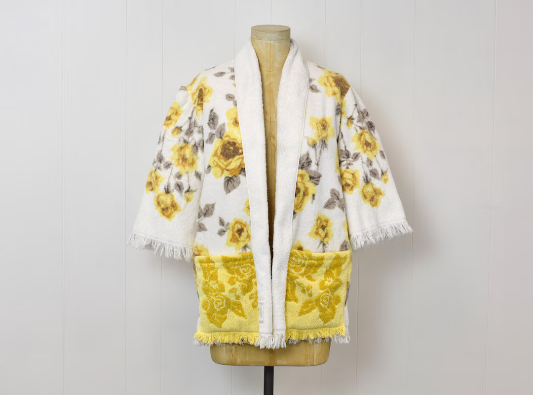 1960s Style Yellow Gray Rose Floral Print Cotton Handmade Upcycled Vintage Towel Cover up Top Blo... | Etsy (US)