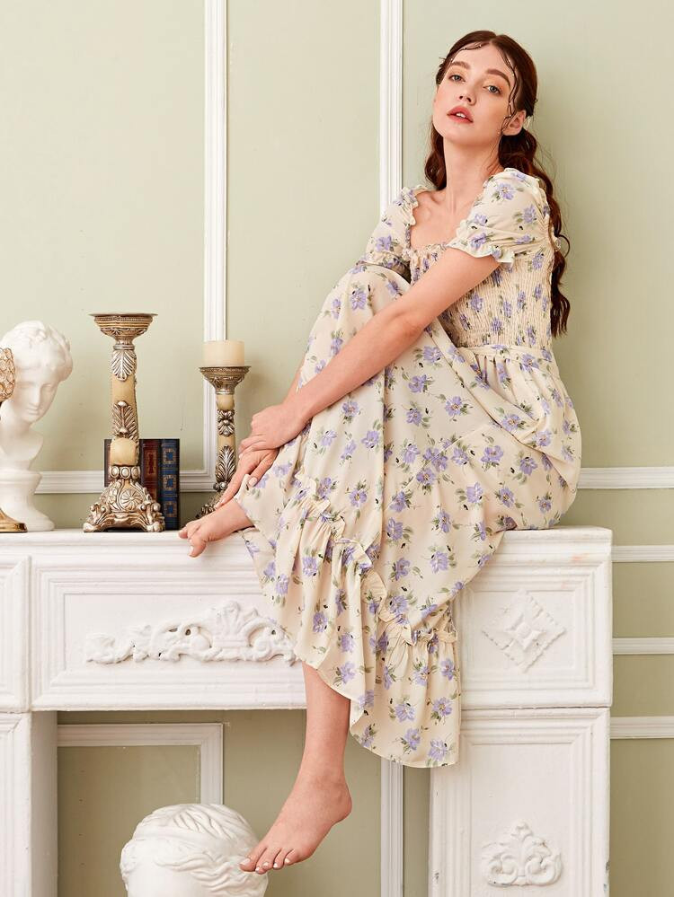 Floral Shirred Lettuce Trim Ruffle Hem Chiffon Dress | SHEIN