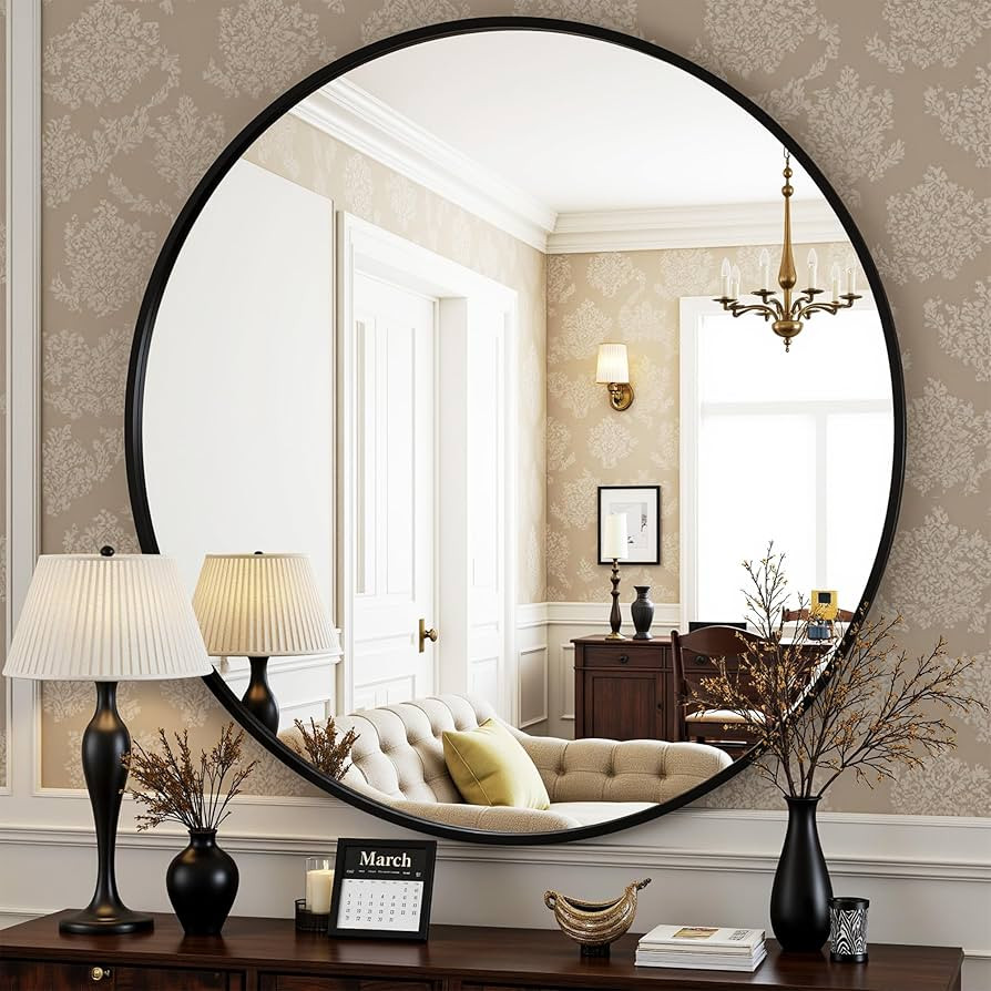 Antok 24 Inch Round Mirror for Wall, Round Bathroom Mirror, Circle Wall Mirrors with Black Metal ... | Amazon (US)