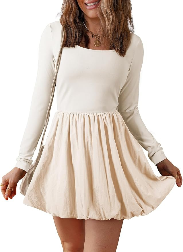 BLENCOT Dresses for Women Fall Long Sleeve Square Neck Bubble Party A Line Mini Dresses | Amazon (US)